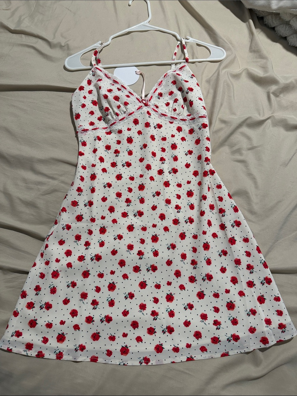 White Mini Slip Dress with Red Floral Print